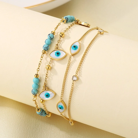 Zweischichtige Fußkette Edelstahl Vergoldet Türkis Perlen Evil Eye Anhänger Sommer Strand Schmuck Für Damen
