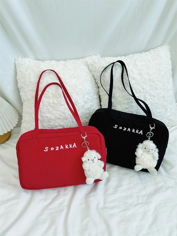 Damen Große Kapazität Tragetasche Polyester Canvas Schultertasche Mit Buchstabenstickerei Und Süßem Schaf Anhänger