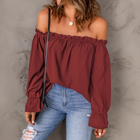 Camicetta Da Donna Spalle Scoperte Manica Lunga Polsino Con Volant Tinta Unita Top In Chiffon Elegante