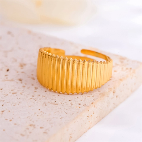 Wide Dome Ring 18K Gold Plated Stainless Steel Vertical Striped Textured Adjustable Open Band Minimalist Chic Jewelry For Women