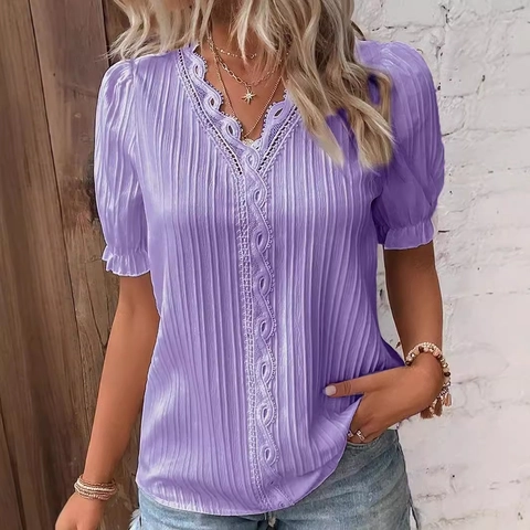 Damen Kurzarm V-Ausschnitt Spitze Patchwork Bluse Vertikal Plissee Sommer Lässig Oberteil