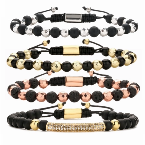 Men Beaded Adjustable Bracelet Matte Stone Lava Rock Copper Geometric Charm Braided Cord Hand Jewelry