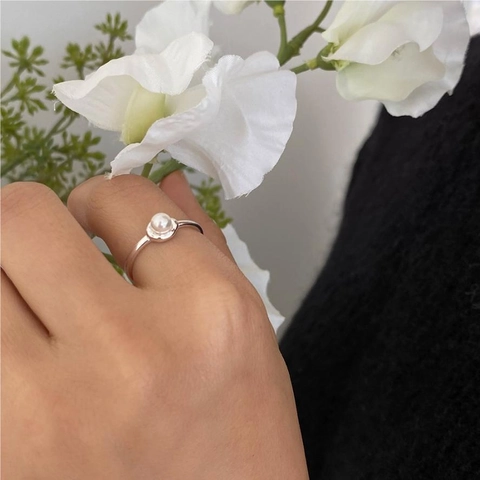 Minimalist 925 Sterling Silver Artificial Pearl Ring Adjustable Open Ring For Women Elegant Jewelry Gift