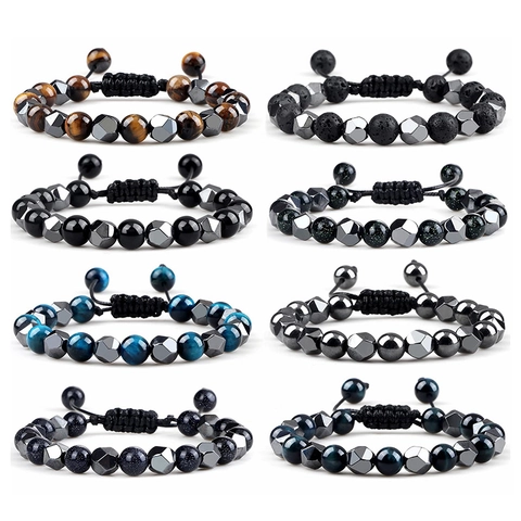 Verstellbares Gewebtes Edelstein Armband Mit Tigerauge Und Facettierten Hämatit Perlen Handgefertigter Modeschmuck Für Damen Herren