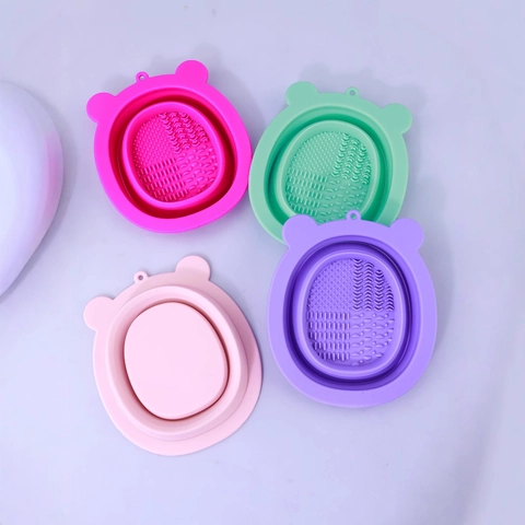 Silicone Makeup Brush Cleaning Bowl Foldable Bear Shape Scrubber Pad Deep Clean Texture Portable Beauty Tool