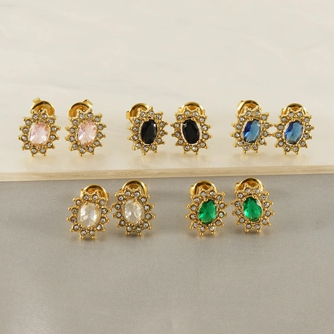 Sun Flower Oval Zircon Stud Earrings 18K Gold Plated Stainless Steel Vintage Halo Retro Jewelry For Women