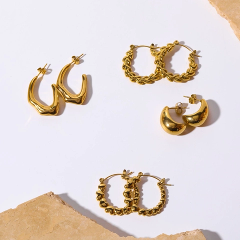 Geometric Hoop Earrings 18K Gold Plated Stainless Steel Retro Irregular Wave Heart Textured Minimalist Jewelry For Women