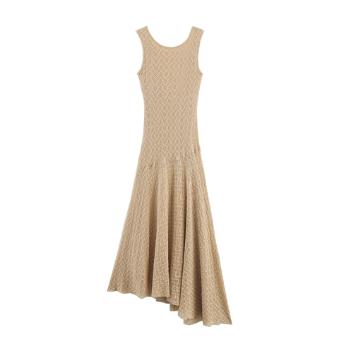Vestito Lungo Smanicato In Maglia Per Donna Girocollo Elegante Casual Vacanza Estiva Tinta Unita Beige