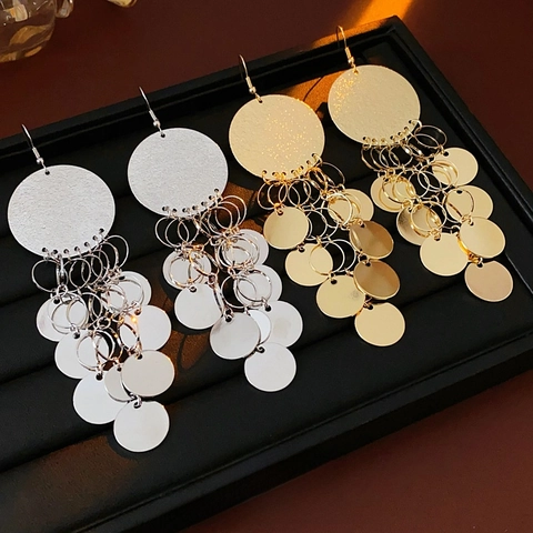 Orecchini Lunghi A Pendente Con Nappine E Paillettes Metalliche Tonde Con Perno In Argento Gioielli Boho Per Donna