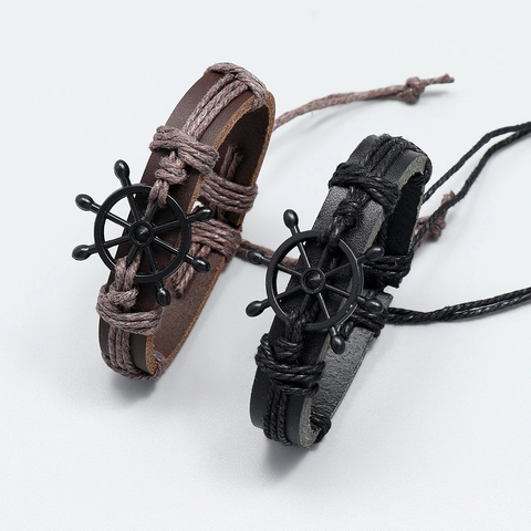 Mens Woven Cowhide Leather Bracelet Alloy Ship Rudder Charm Nautical Retro Style Adjustable Jewelry
