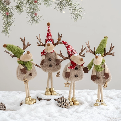 Adorno De Reno De Navidad Figura De Alce De Peluche De Piernas Largas Gorro De Punto Bufanda Estrella Madera Mesa