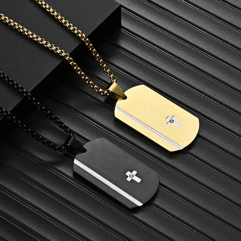 Collana Pendente Croce Acciaio Inossidabile Uomo Minimalista Inciso Dog Tag Zircone Moda Punk Gotico Gioielli Regalo