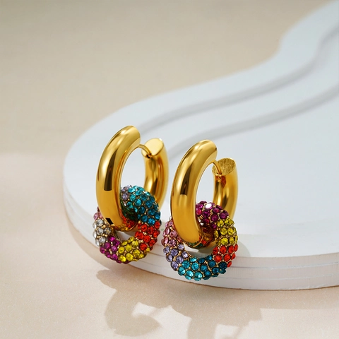 Rainbow Hoop Earrings Multi Color Rhinestone Round 18K Gold Plated Stainless Steel Geometric Fashion Jewelry For Women