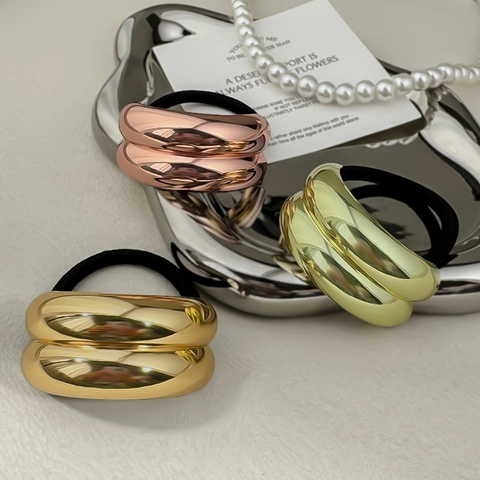 Hair Ties Metal Alloy Shiny Double Layer Arc High Elastic Hair Rope Ponytail Holder Minimalist Elegant For Women