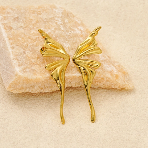 Butterfly Wing Stud Earrings 18K Gold Plated Stainless Steel Retro Artistic Liquid Metal Jewelry For Women