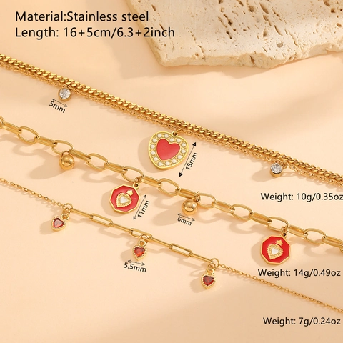 Bracciale In Acciaio Inossidabile Cuore Rosso Placcato Oro 18K Smalto Zircone Gioielli Romantici Da Donna
