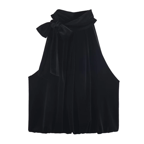 Débardeur Dos Nu Sexy En Velours Noir Pour Femmes Sans Manches Avec Noeud Hem Ballon Rétro Chic