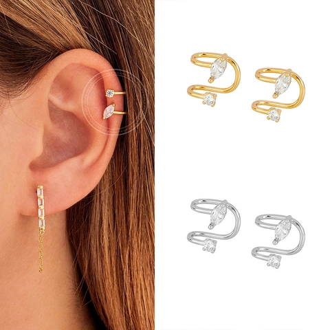 Ear Cuff In Rame Minimalista Con Zircone Tondo Marquise Orecchini Non Forati A Doppio Strato Da Donna