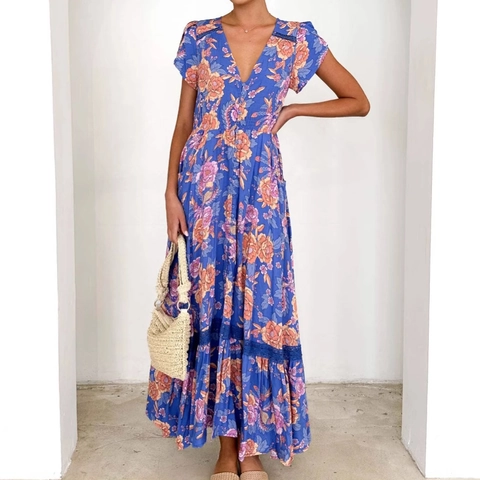 Boheems Bloemen Maxi Jurk V-Hals Ruches Korte Mouwen Enkele Rij Knopen Hoge Taille Polyester Zomervakantie Dames