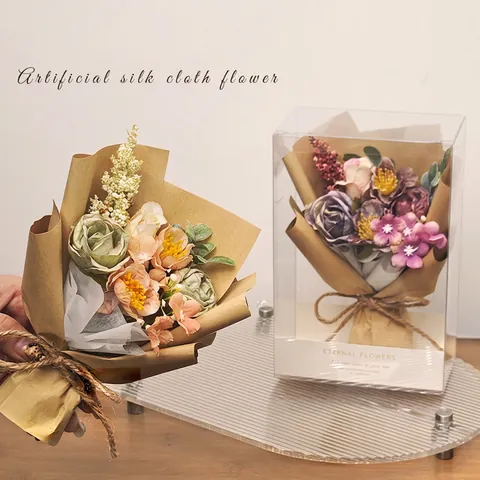 Mini Künstlicher Satinnrosenstrauß Mit Kraftpapierverpackung Und Transparenter PVC-Geschenkbox Für Geburtstag Hausdeko
