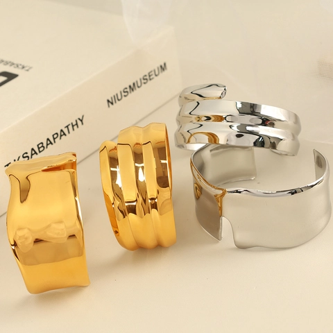 Exaggerated Stainless Steel Open Cuff Bracelet For Women Irregular Wavy Texture Gold Silver Plated Fashion Bangle Jewelry