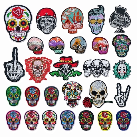 Skull Embroidered Patches Iron On Appliques Skeleton Sugar Skull Halloween DIY Decor For Jackets Jeans Punk Rock Style