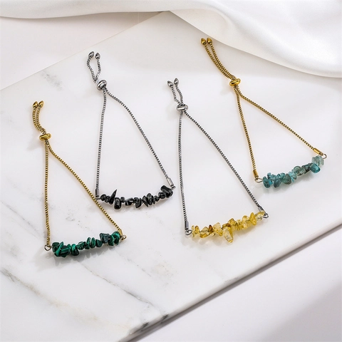 Natural Stone Gravel Bracelet Stainless Steel Box Chain Adjustable Bolo Slider Clasp Minimalist Bohemian Jewelry For Women Men