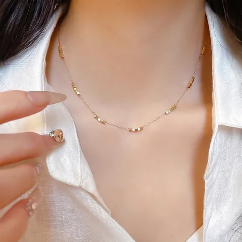 Minimalist Cube Bead Necklace Stainless Steel Adjustable Clavicle Chain Geometric Jewelry For Women Vintage Design Elegant