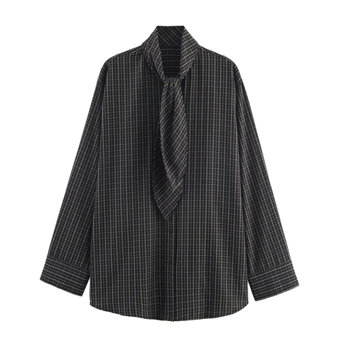 Women Plaid Shirt Long Sleeve Button Down Blouse With Scarf Tie Collar Polyester Poplin Check Top Fashion Casual