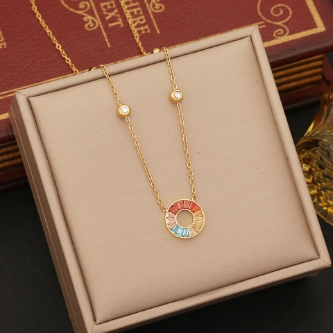 Gold Stainless Steel Flower Necklace And Earrings With Colorful Rainbow Zircon For Women Elegant Fashion