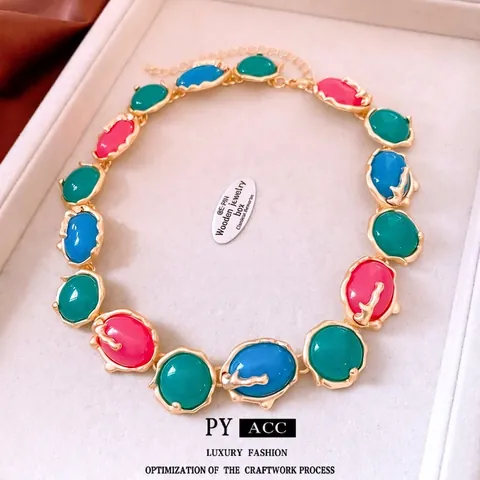 Set Di Gioielli Vintage Collana E Orecchini In Lega Placcata Oro Con Resina Colorata Stile Ovale Per Donne