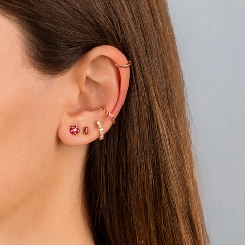 Orecchini E Ear Cuffs In Rame Con Zircone Rosa Fiore Con Perno In Argento Sterling 925 Per Donna