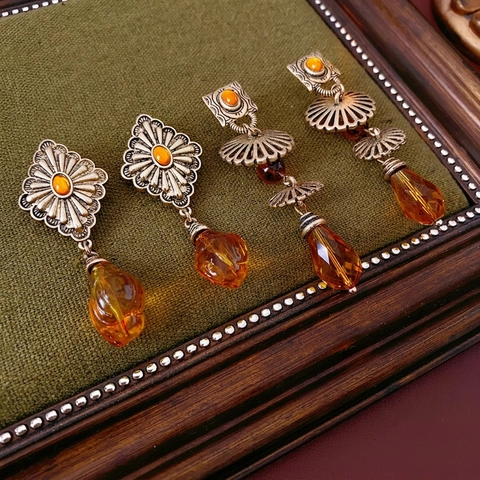 Boucles D'oreilles Pendantes Losange Vintage Avec Résine Ambrée Et Tige En Argent Bijoux Rétro Géométriques Pour Femmes