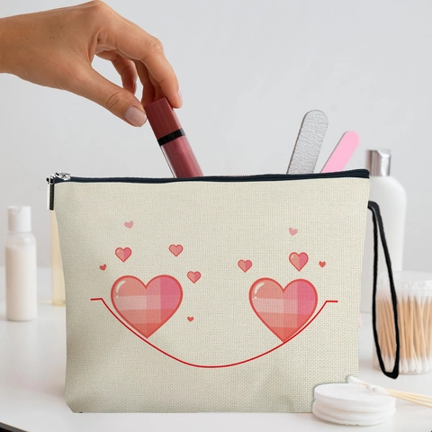 Makeup Bag Linen Texture Heart Print Cosmetic Pouch With Zipper Wrist Strap For Travel Storage Women Gifts
