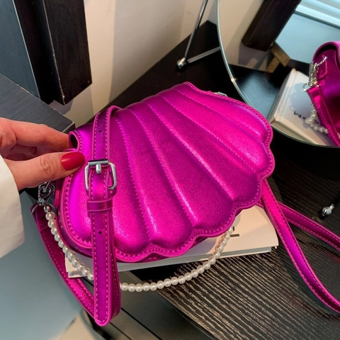 Bolso Bandolera Con Forma De Concha Cuero PU Metálico Con Cadena De Perlas Artificiales Decorativa Bolso De Hombro Para Mujer