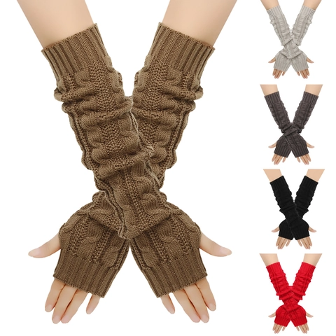Women Cable Knit Arm Warmers Long Fingerless Gloves With Thumb Hole Winter Warm Acrylic Sleeves Fashion