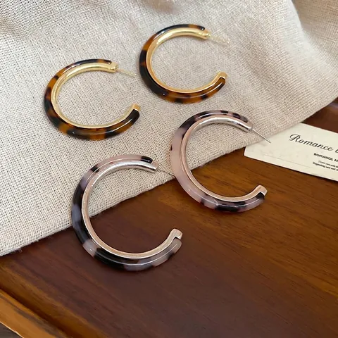 C-Shape Hoop Stud Earrings Resin And Alloy With 925 Sterling Silver Earring Post Vintage Retro Tortoise Shell For Women