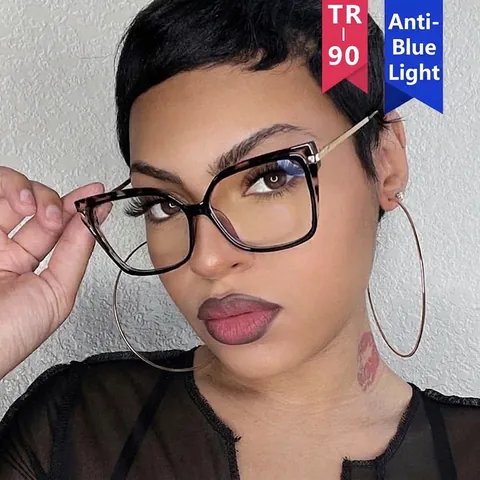 Women Anti Blue Light Blocking Glasses Square Cat Eye Large Frame TR90 Metal Material Retro Optical Eyeglasses Frame
