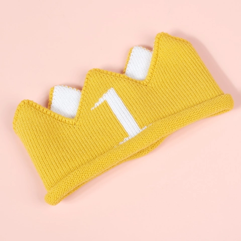 Knitted Baby Birthday Crown Hat Number 1 Design Yellow Soft Yarn Headband For First Birthday Party Photography Props Accessory