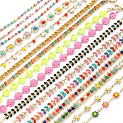 Boho Vergoldet Kette Armband Mit Bunten Emaille Anhängern Und Perlen Vintage Gänseblümchen Smiley Gesicht Stern Armband Für Damen