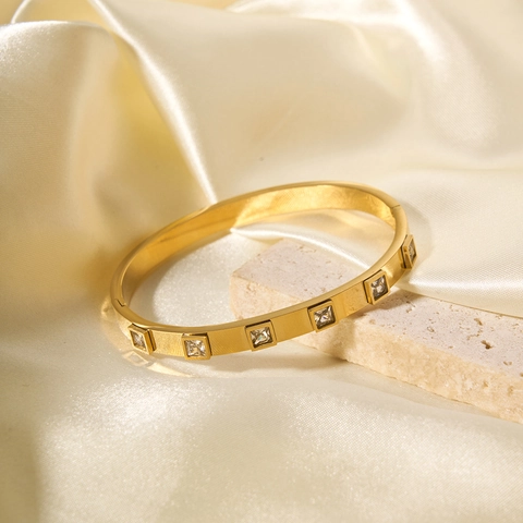 Square Cubic Zirconia Inlaid Stainless Steel Bangle Bracelet 18K Gold Plated Minimalist Geometric Jewelry For Women