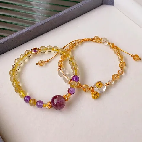 Natural Gemstone Beaded Bracelet Yellow Rutilated Quartz Amethyst White Crystal Copper Zircon Lotus Pendant Adjustable Cord