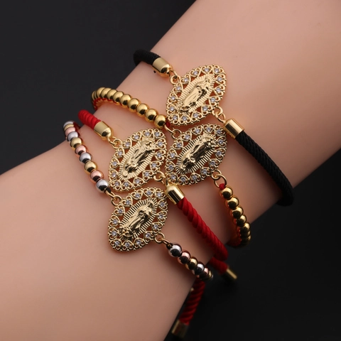 Adjustable Gold Plated Copper Bracelet Virgin Mary Zircon Charm Braided Rope Ethnic Bohemian Religious Jewelry For Women
