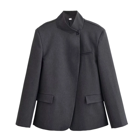 Blazer Mujer Y Pantalones Pierna Ancha Rayas Cuello Alto Asimétrico Cierre Botón Poliéster Profesional Chic Gris
