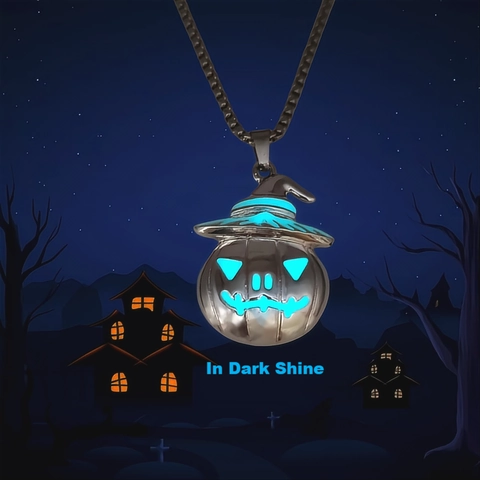 Halloween Pumpkin Wizard Hat Glow In The Dark Necklace Luminous Alloy Pendant Steel Chain Party Cosplay Jewelry