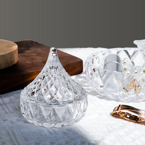 Glass Storage Jar Jewelry Box With Lid Diamond Cut Crystal Textured Embossed Candy Jar European Style Desktop Ornament