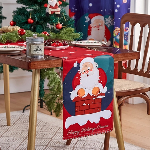 Christmas Table Runner Holiday Home Dining Decor Cartoon Santa Claus Chimney Print Polyester Linen Festive Cloth