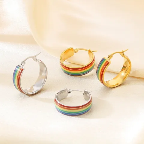 Pendientes de Aro de Esmalte de Arcoíris de Acero Inoxidable para Hombres Mujeres Joyas Geométricas Modernas de Círculo de Goteo de Aceite Multicolor