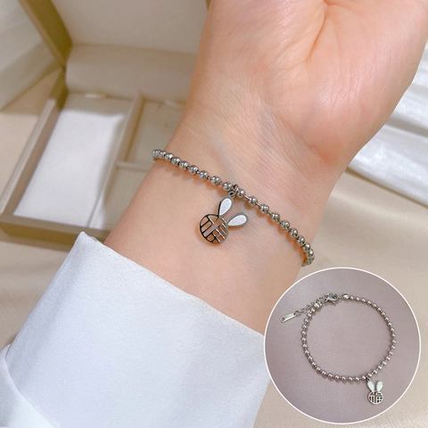 Titanium Steel Beaded Bracelet With Hollow Rabbit Good Fortune Fu Pendant For Women Elegant Retro Adjustable Jewelry Gift