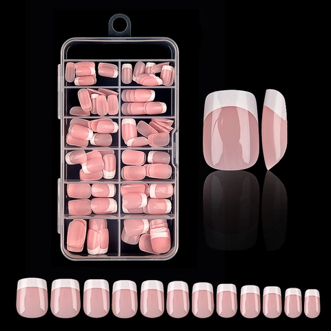 Faux Ongles French Press On Courts Carrés Pointes Roses Et Blanches Ongles Artificiels Brillants Avec Boîte De Rangement